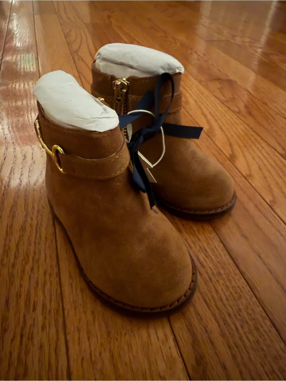 Janie and Jack Tan Suede Ankle Boots with Navy Ribbon